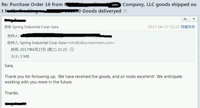latest company news about Shanghai SPRING Mesh feedback from USA customer  0